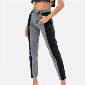 Adika Nori Cotton Black & Gray Color Block High Rise Ankle Length Mom Jeans XS